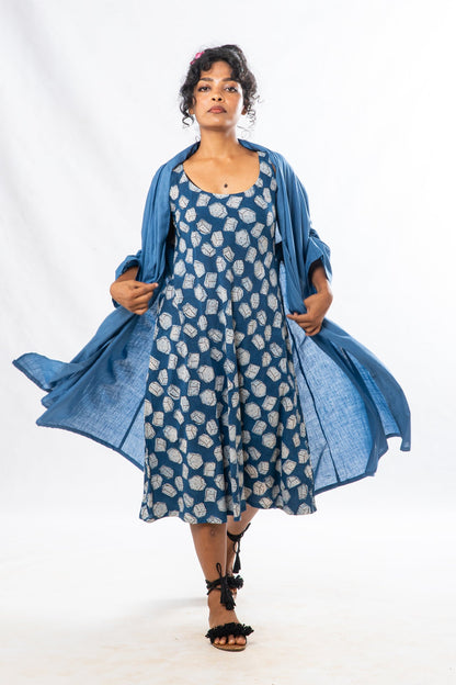 Set of 2- Blue Natural Dyed Hand Block Printed Organic Cotton Jacket & Dress
