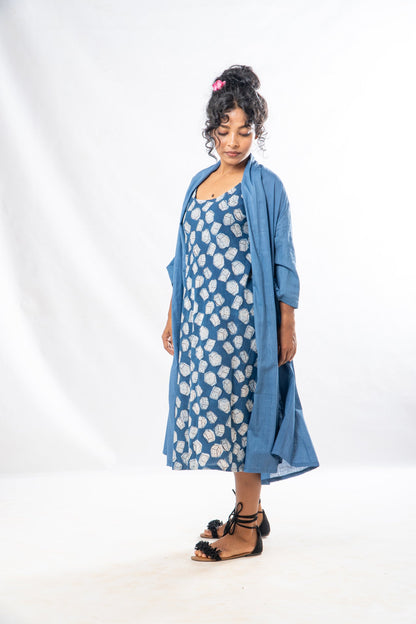 Set of 2- Blue Natural Dyed Hand Block Printed Organic Cotton Jacket & Dress