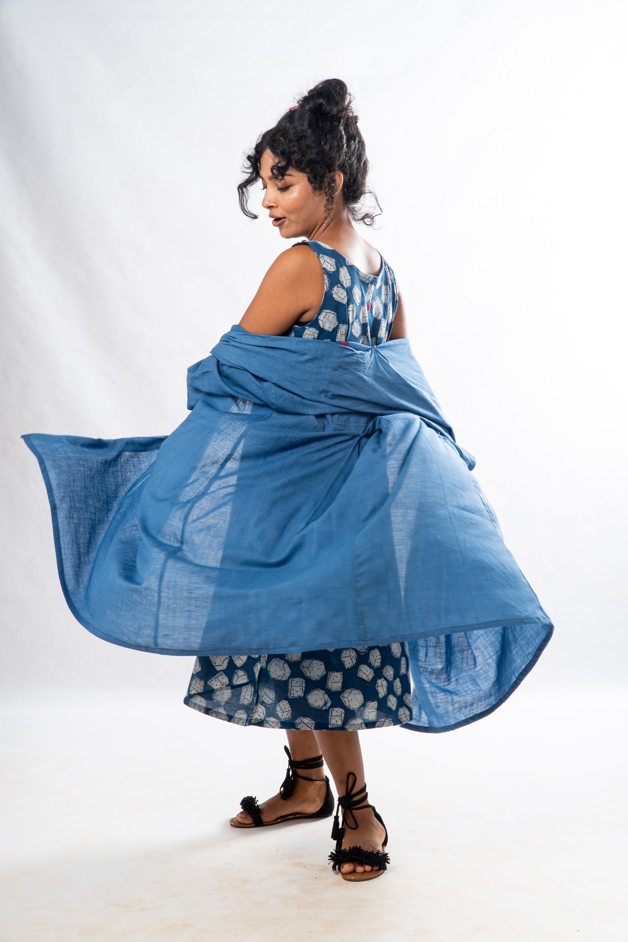 Set of 2- Blue Natural Dyed Hand Block Printed Organic Cotton Jacket & Dress