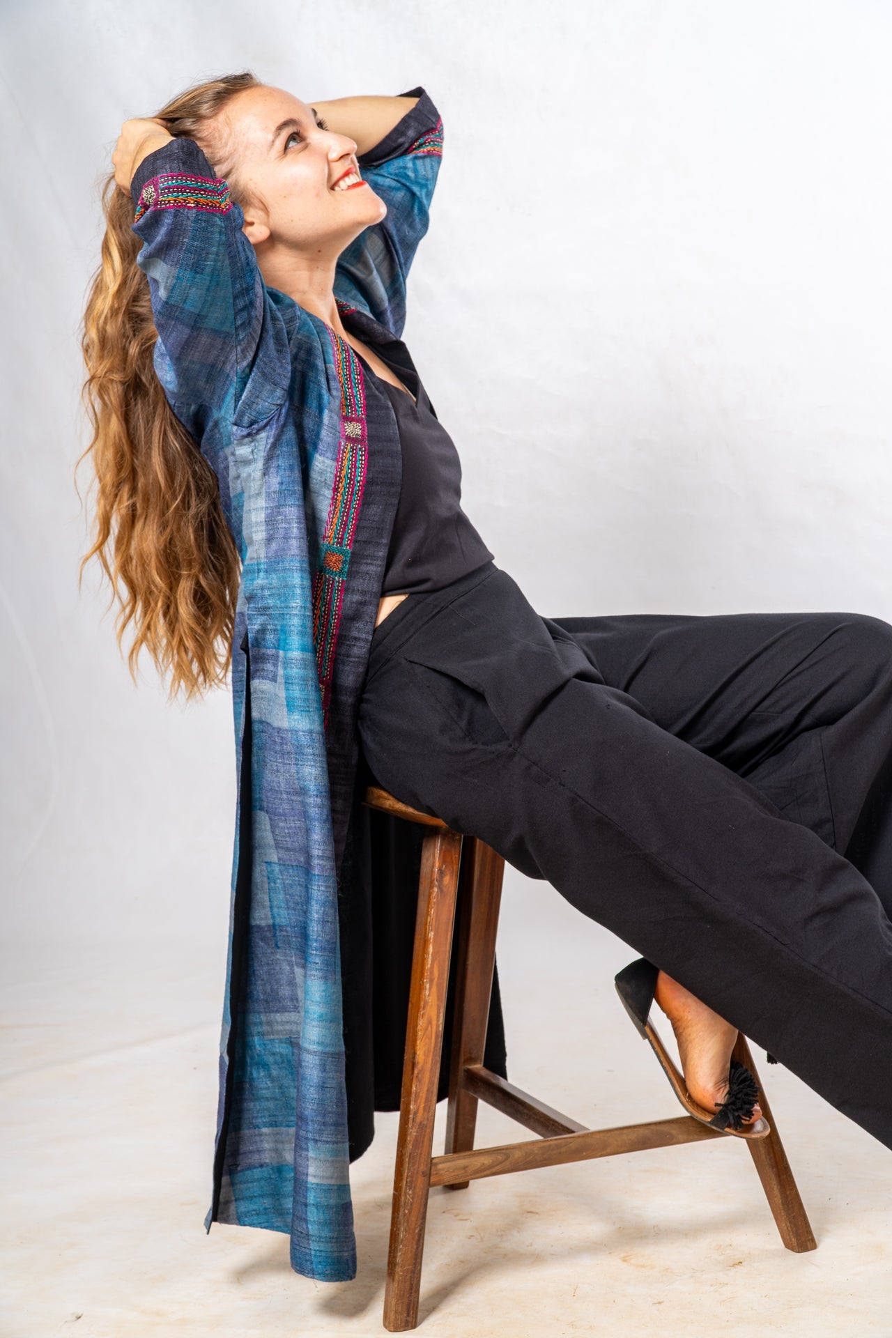 Blue Tussar Silk Hand Painted Embroidered Long Jacket