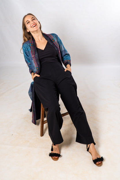 Blue Tussar Silk Hand Painted Embroidered Long Jacket