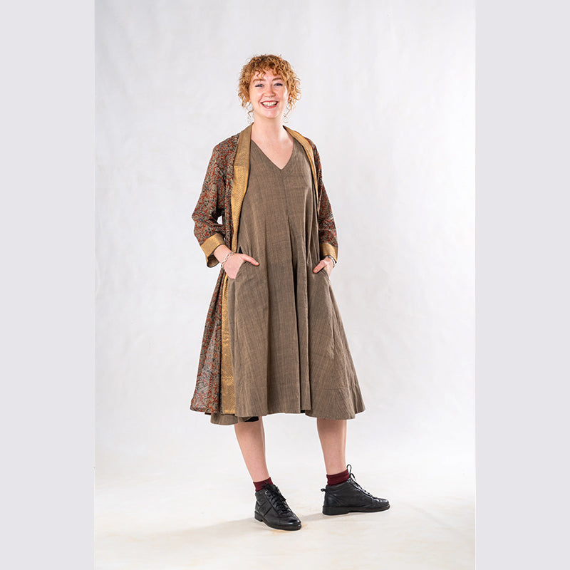 Set of 3: Brown Straight Kalamkari Jacket Dress Set