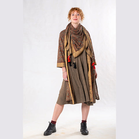Set of 3: Brown Straight Kalamkari Jacket Dress Set