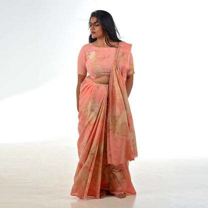 Coral Pink Botanical Hand-Dyed Saree