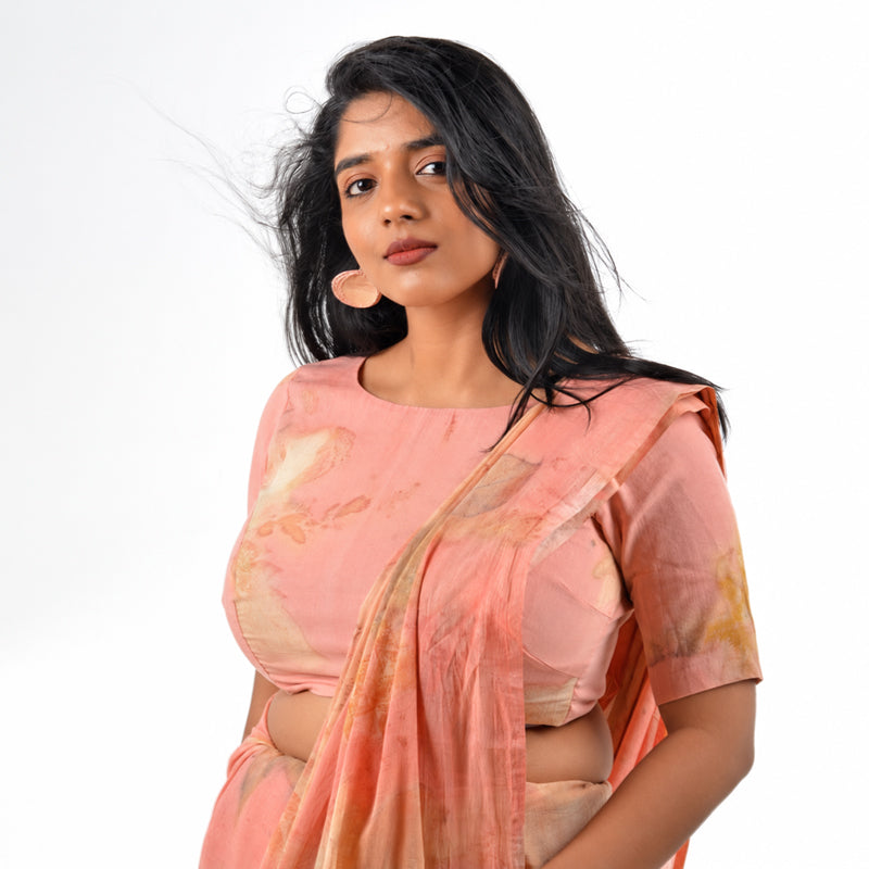 Coral Pink Botanical Hand-Dyed Saree