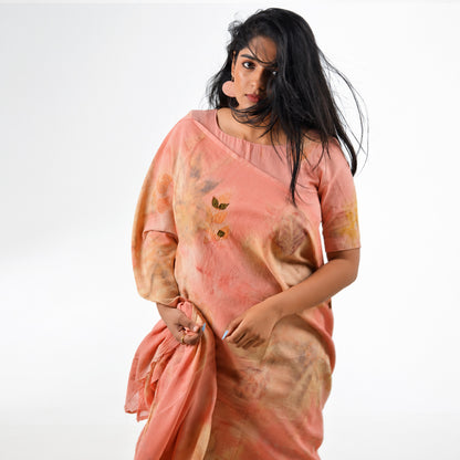 Coral Pink Botanical Hand-Dyed Saree