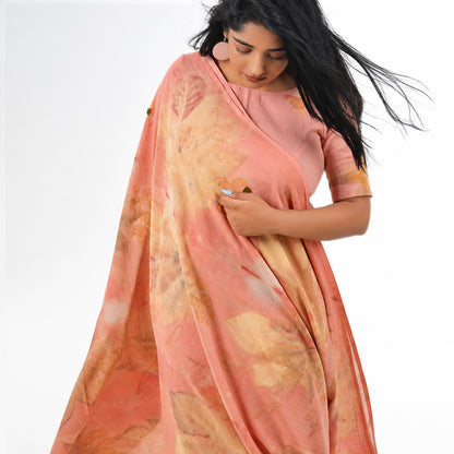 Coral Pink Botanical Hand-Dyed Saree