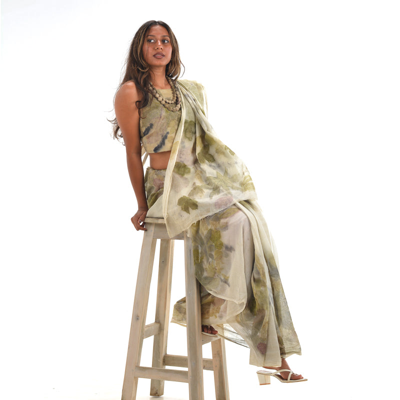Cream Botanical Hand-Dyed Saree