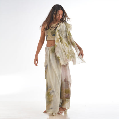 Cream Botanical Hand-Dyed Saree