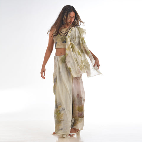 Cream Botanical Hand-Dyed Saree