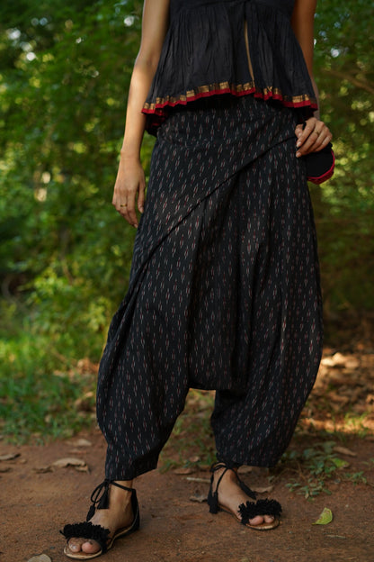 Set of 2- Black Top & Ikkat Low Crotch Pants