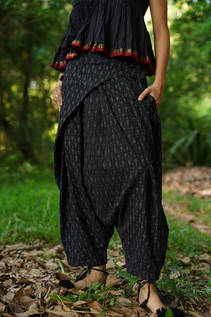 Set of 2- Black Top & Ikkat Low Crotch Pants