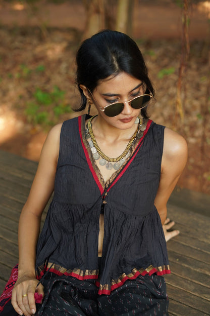 Set of 2- Black Top & Ikkat Low Crotch Pants