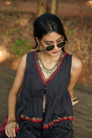 Set of 2- Black Top & Ikkat Low Crotch Pants