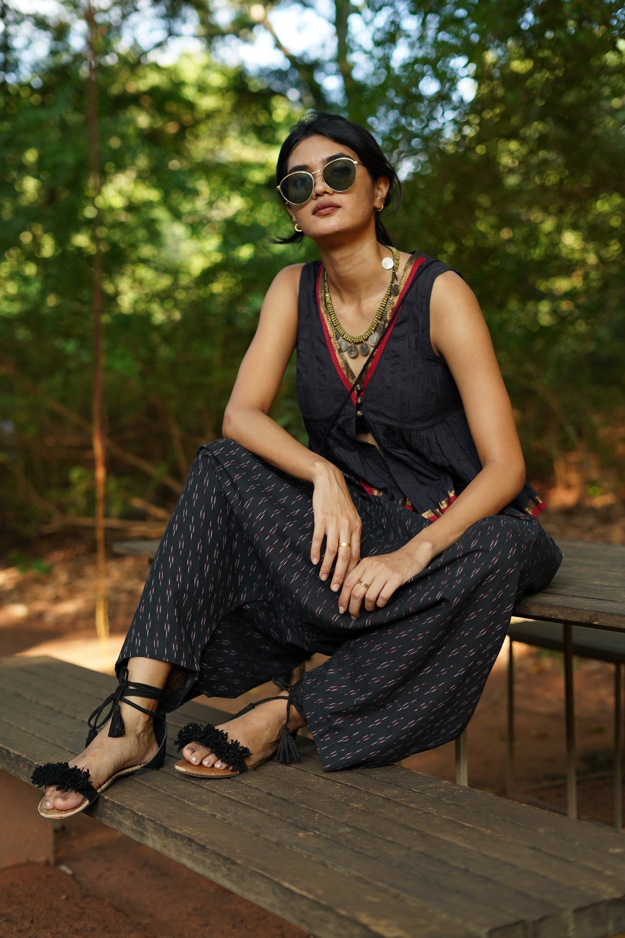 Set of 2- Black Top & Ikkat Low Crotch Pants