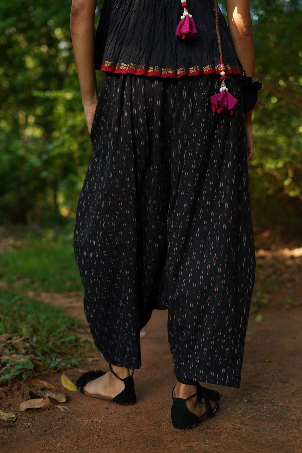 Set of 2- Black Top & Ikkat Low Crotch Pants