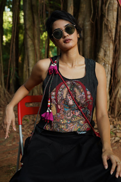 Set of 2- Black Kalamkari Embellished Top & Cargo Pocket Pants