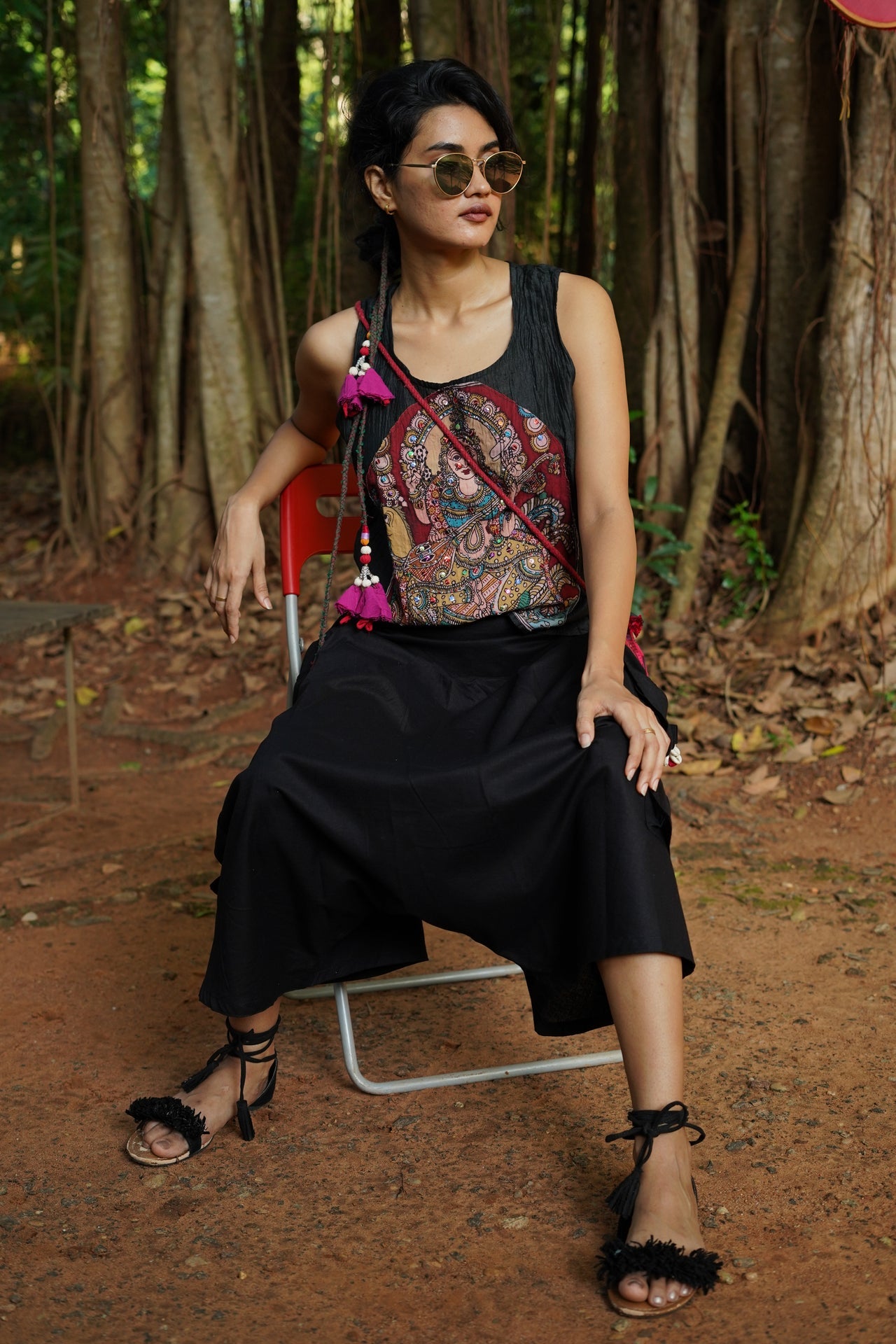 Set of 2- Black Kalamkari Embellished Top & Cargo Pocket Pants