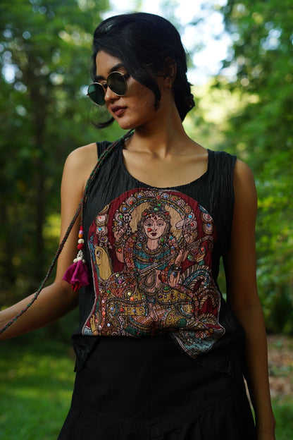 Set of 2- Black Kalamkari Embellished Top & Cargo Pocket Pants