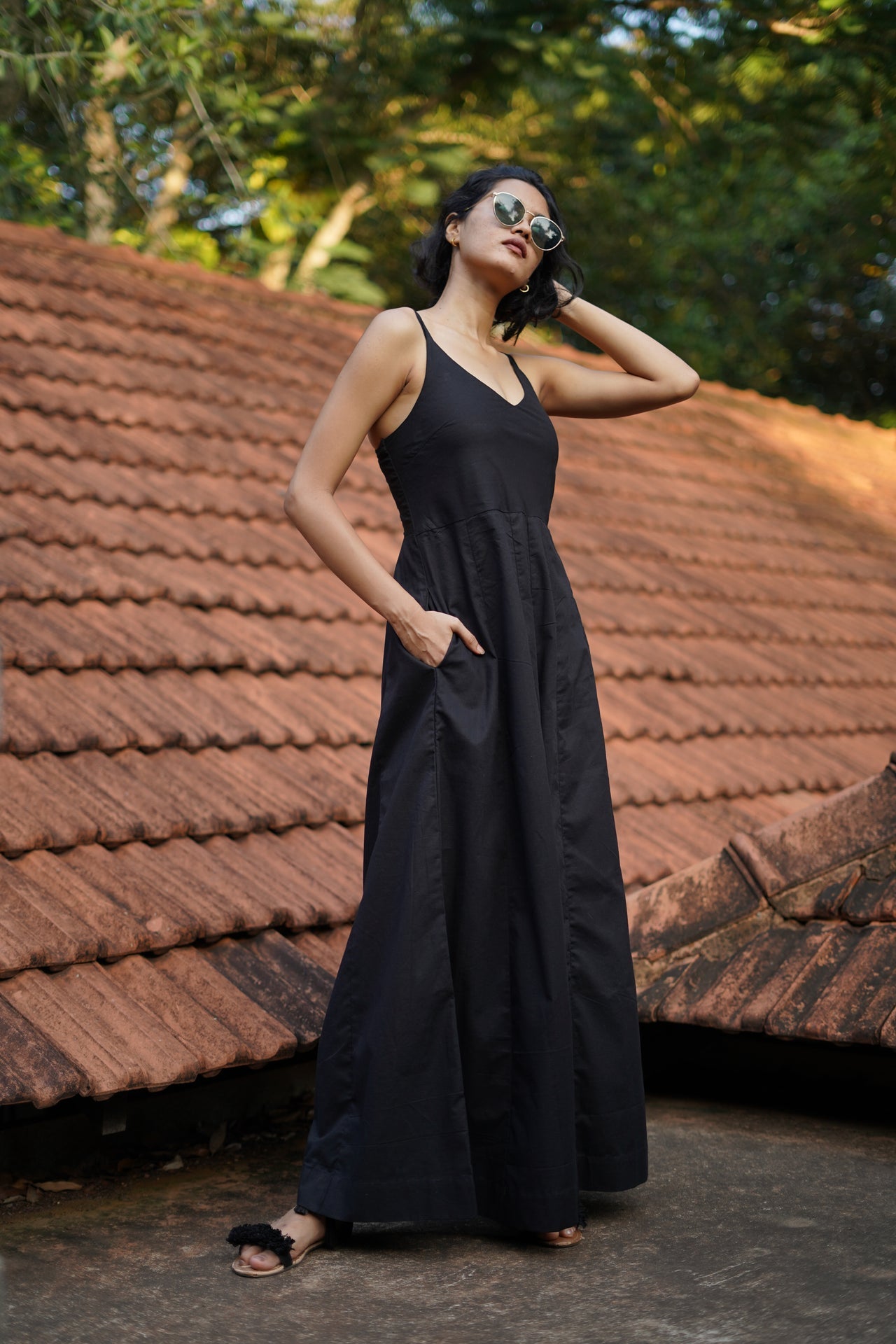 Set of 2- Black Linen wide leg Jumpsuit with Printed flowy overlay