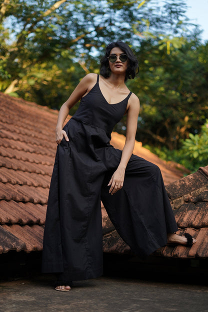 Set of 2- Black Linen wide leg Jumpsuit with Printed flowy overlay