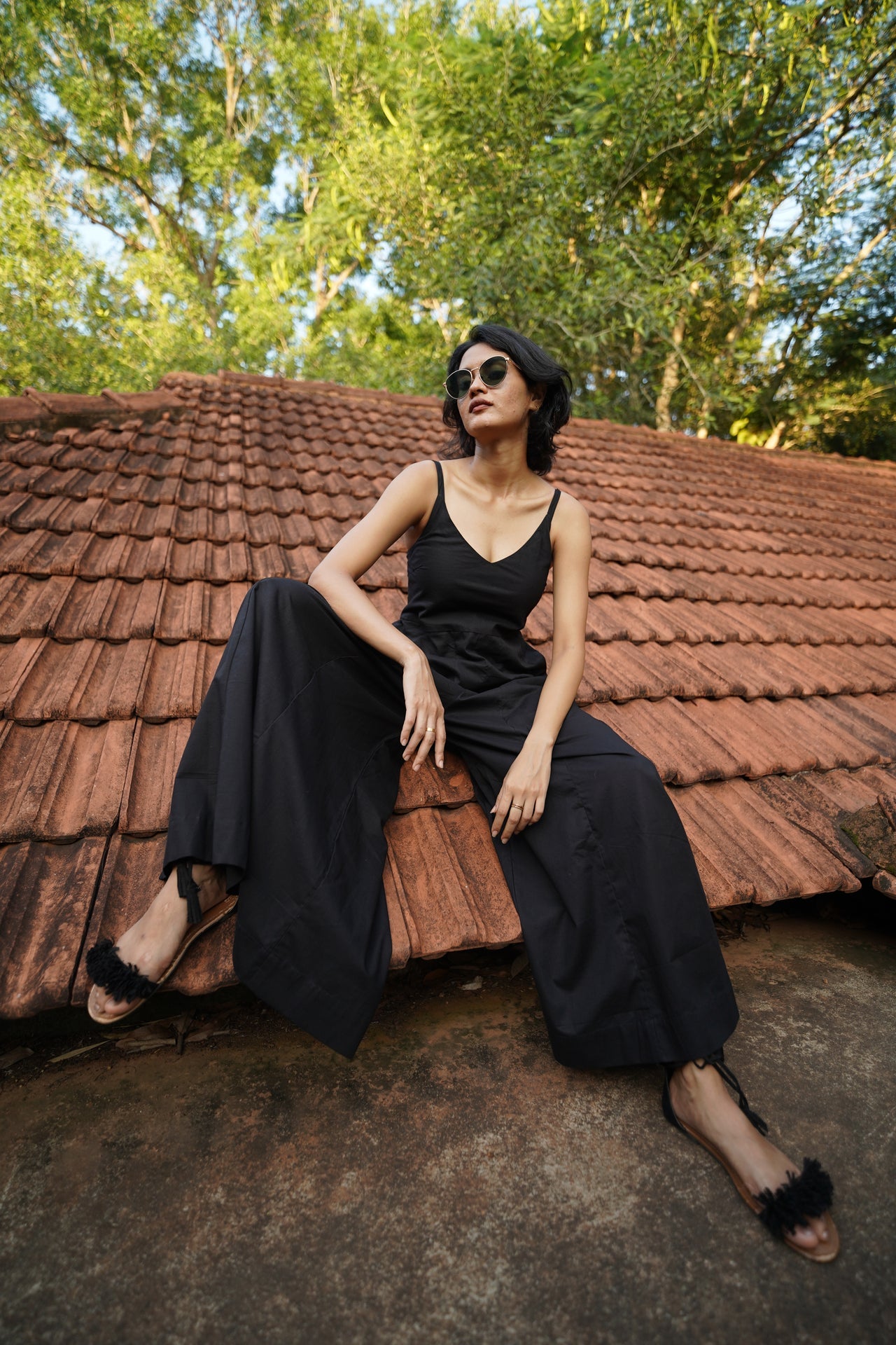 Set of 2- Black Linen wide leg Jumpsuit with Printed flowy overlay