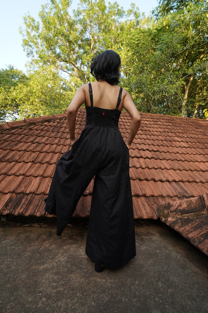 Set of 2- Black Linen wide leg Jumpsuit with Printed flowy overlay