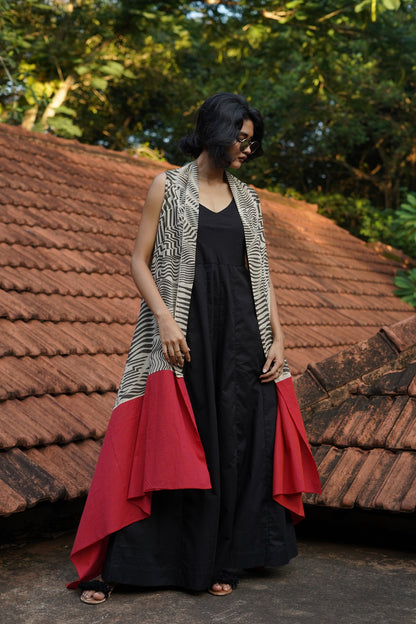 Set of 2- Black Linen wide leg Jumpsuit with Printed flowy overlay