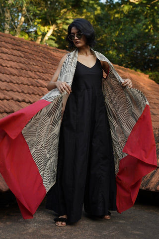 Set of 2- Black Linen wide leg Jumpsuit with Printed flowy overlay