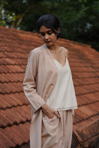 Set of 3- Beige Organic cotton long embroidered Jacket, Top & Pant Set