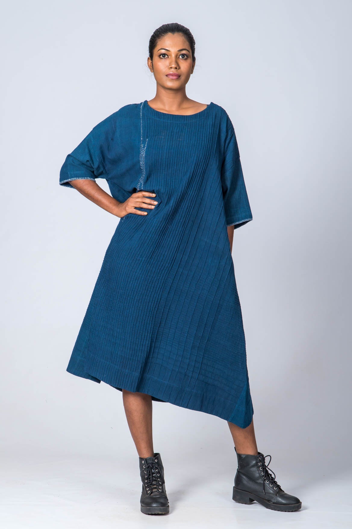 Natural Indigo Cotton Pintuck dress - KARL - Upasana Design Studio