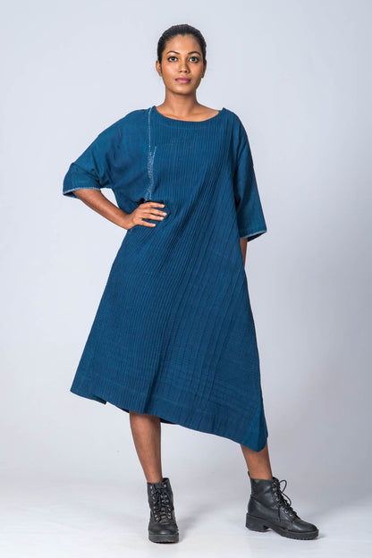 Natural Indigo Cotton Pintuck dress - KARL - Upasana Design Studio