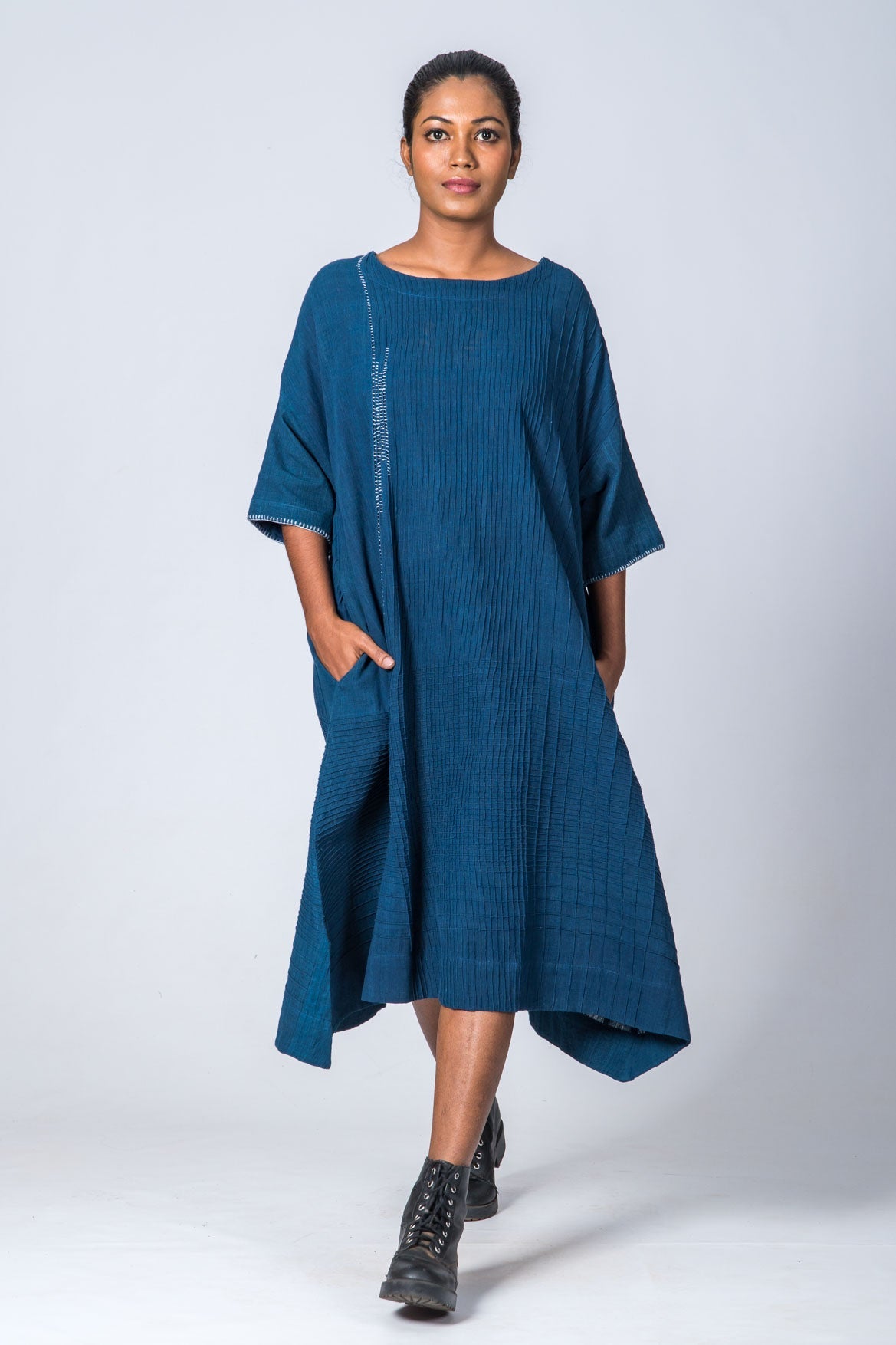 Natural Indigo Cotton Pintuck dress - KARL - Upasana Design Studio