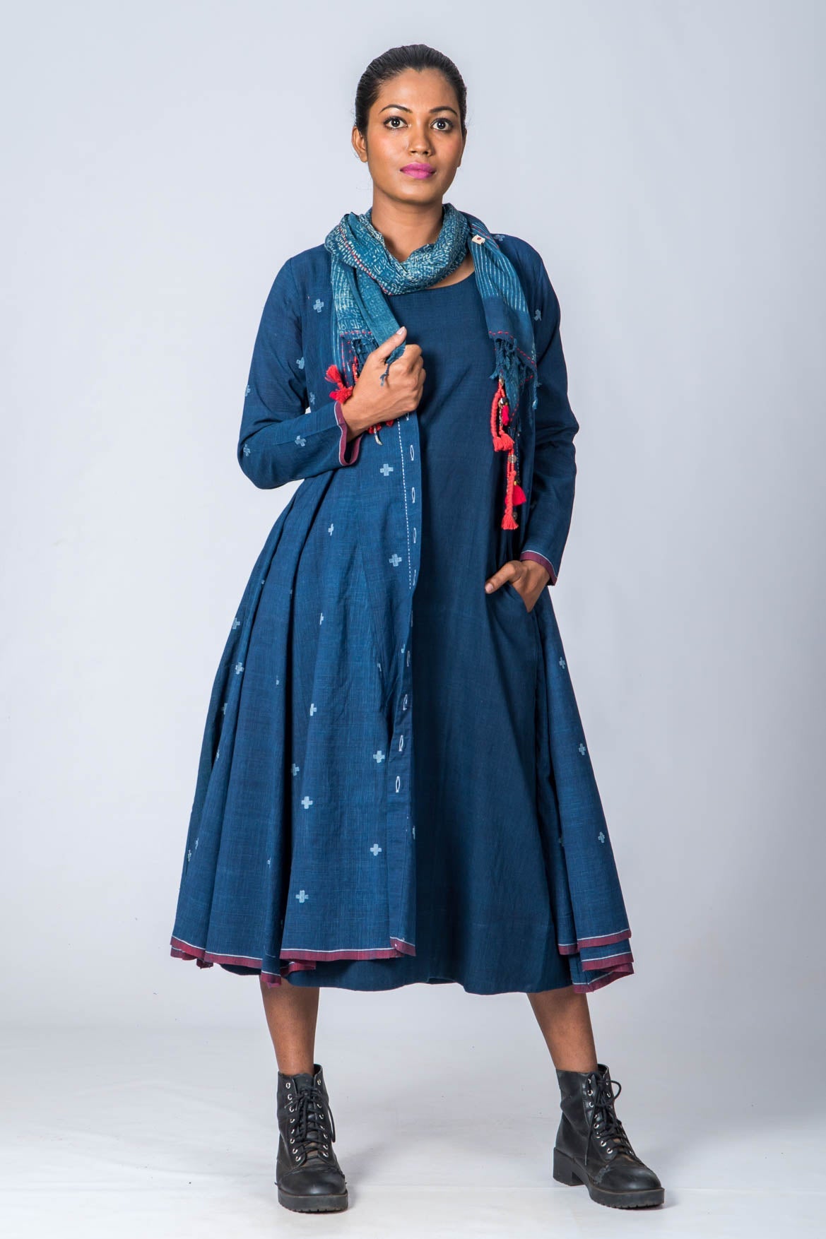 Natural Indigo  Cotton Jamdani Iniya Set - Upasana Design Studio