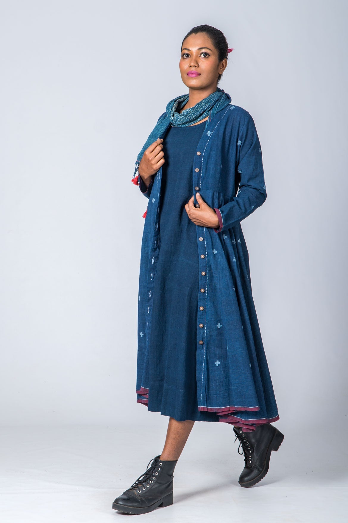 Natural Indigo  Cotton Jamdani Iniya Set - Upasana Design Studio