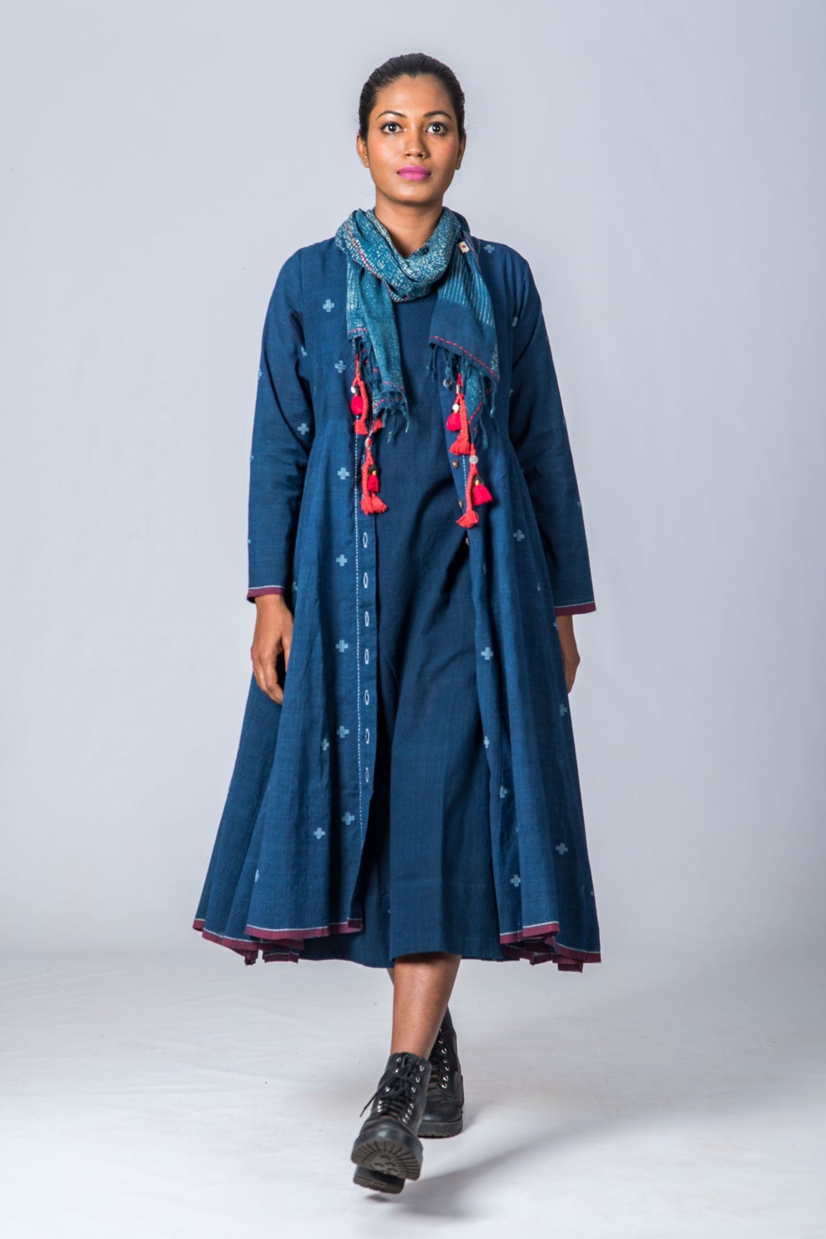 Natural Indigo  Cotton Jamdani Iniya Set - Upasana Design Studio