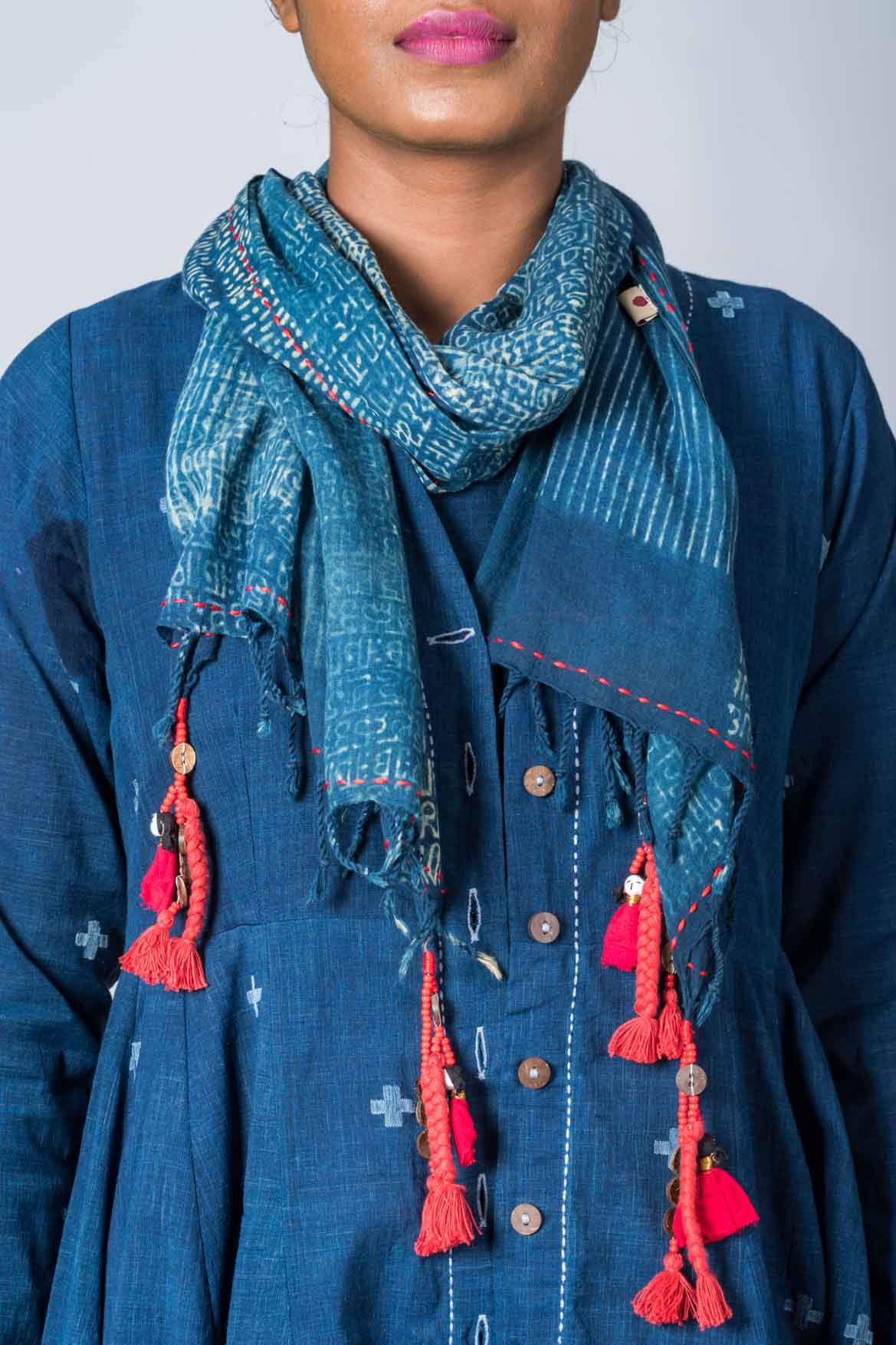 Natural Indigo  Cotton Jamdani Iniya Set - Upasana Design Studio