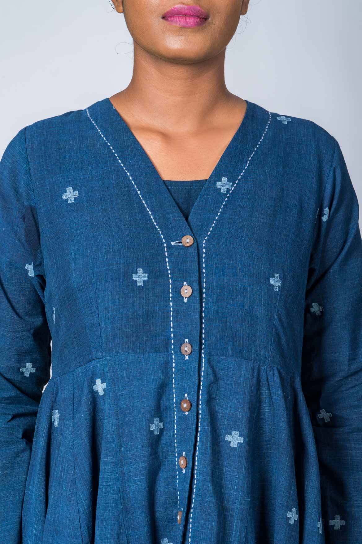 Natural Indigo  Cotton Jamdani Iniya Set - Upasana Design Studio