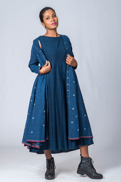 Natural Indigo  Cotton Jamdani Iniya Set - Upasana Design Studio