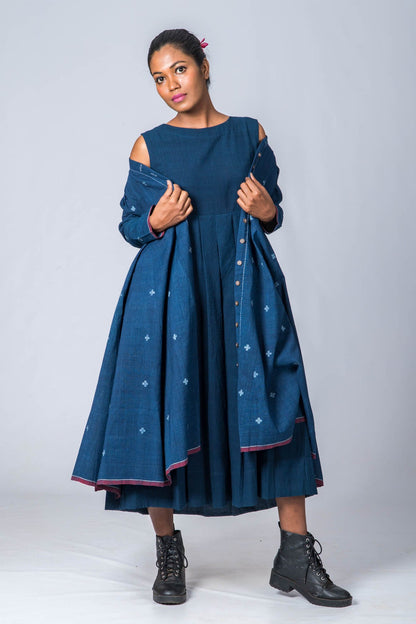 Natural Indigo  Cotton Jamdani Iniya Set - Upasana Design Studio