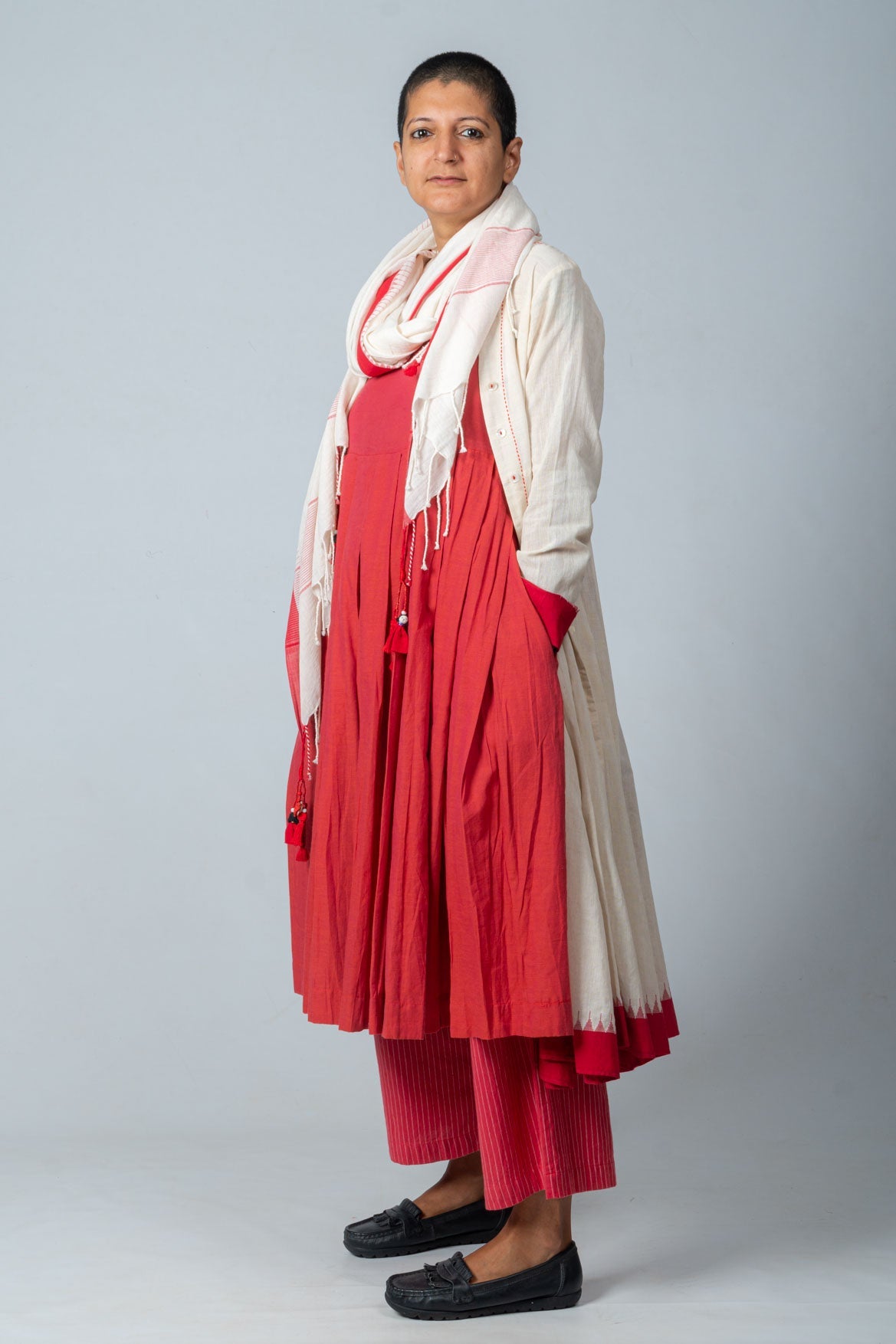 Set of 4- Neelanjana Hand Spun Dress, Jamdani Jacket, Pants & Scarf