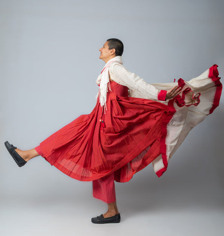 Set of 4- Neelanjana Hand Spun Dress, Jamdani Jacket, Pants & Scarf