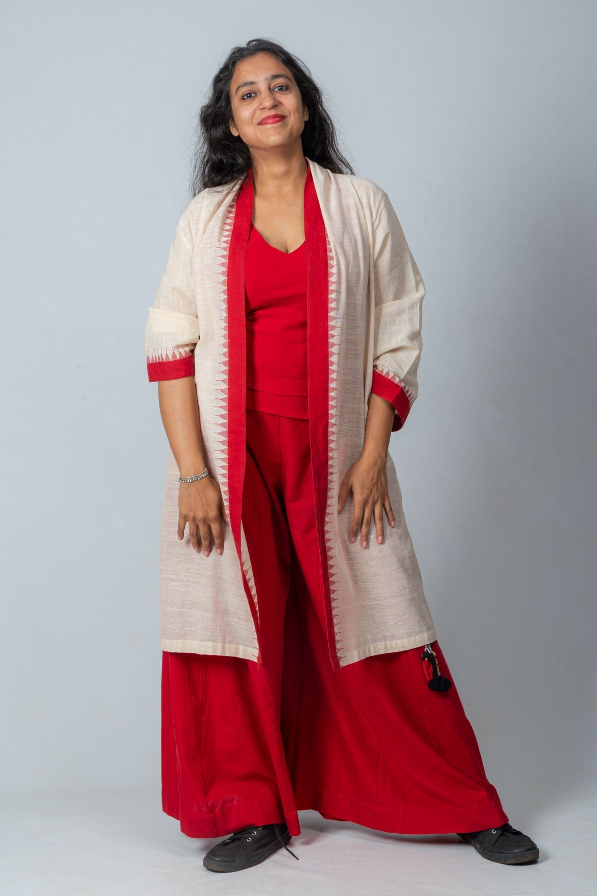 Set of 3- Jamdani Jacket, Organic Cotton Top & Palazzo