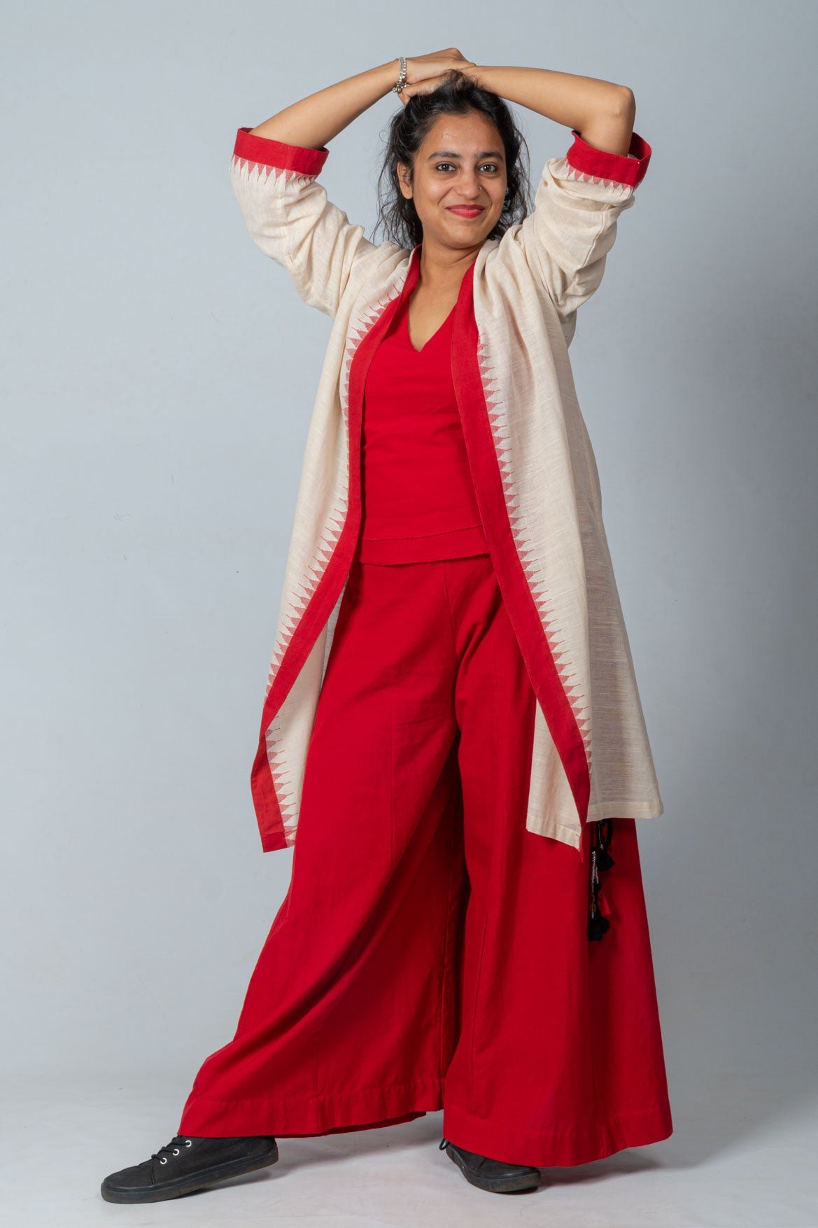 Set of 3- Jamdani Jacket, Organic Cotton Top & Palazzo