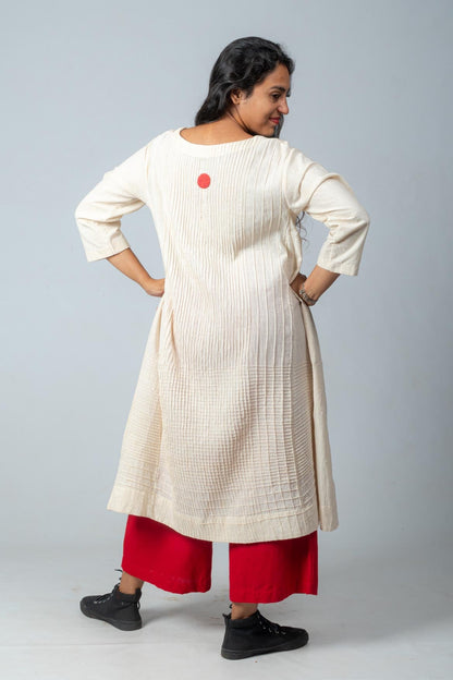 Set of 2- Ecru Hand Spun Organic Cotton Pocketed Pintuck Top & Red Pants