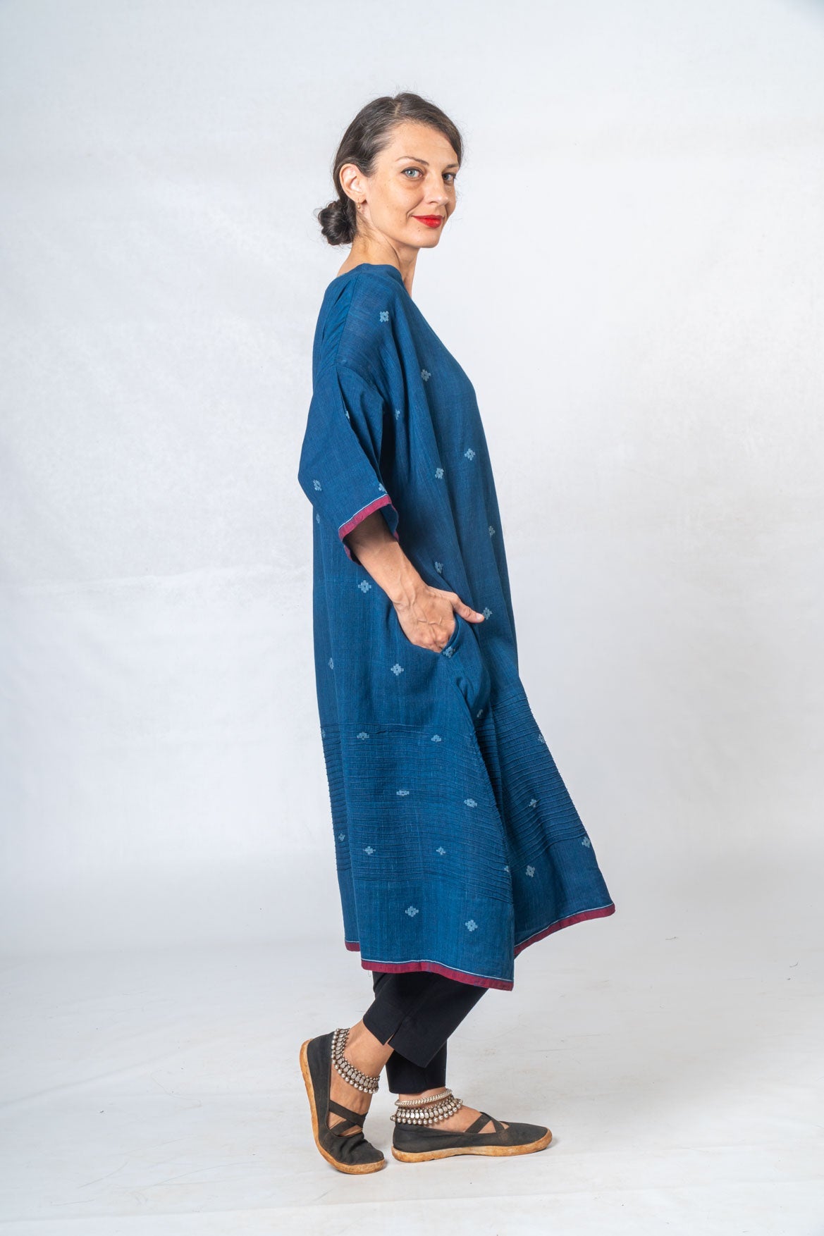 Indigo Hand Spun Khadi Jamdani  Dress