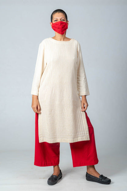 Set of 2- Natural Khadi Pintuck Kurta & Red Trousers