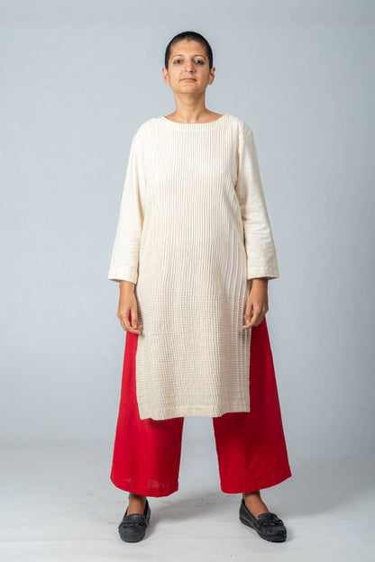 Set of 2- Natural Khadi Pintuck Kurta & Red Trousers