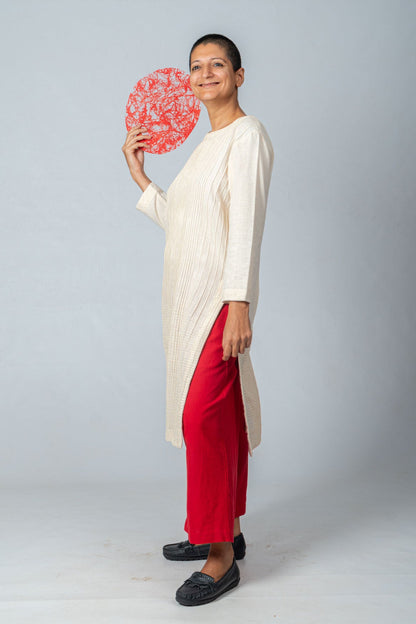 Set of 2- Natural Khadi Pintuck Kurta & Red Trousers