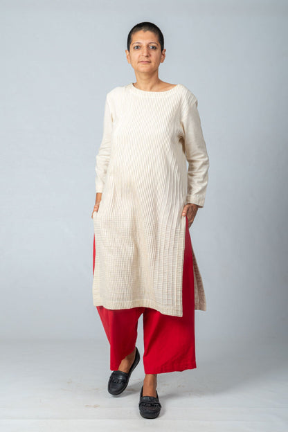 Set of 2- Natural Khadi Pintuck Kurta & Red Trousers